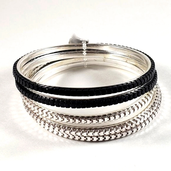 Set of 5 Dainty Silver-tone & Black Bangle Bracelets for Women - Fashion Jewelry - Picture 4 of 8